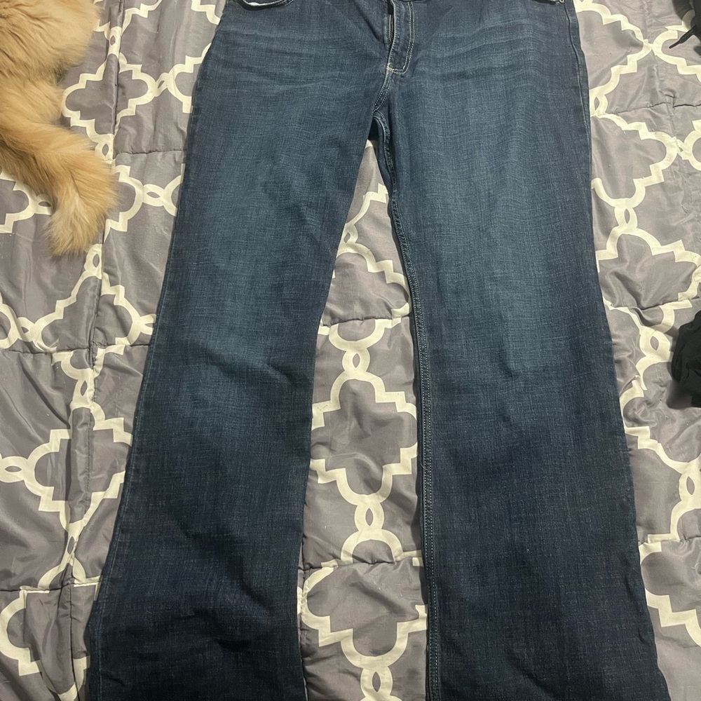 Wrangler boot cut jeans. Dark wash. Lightly worn